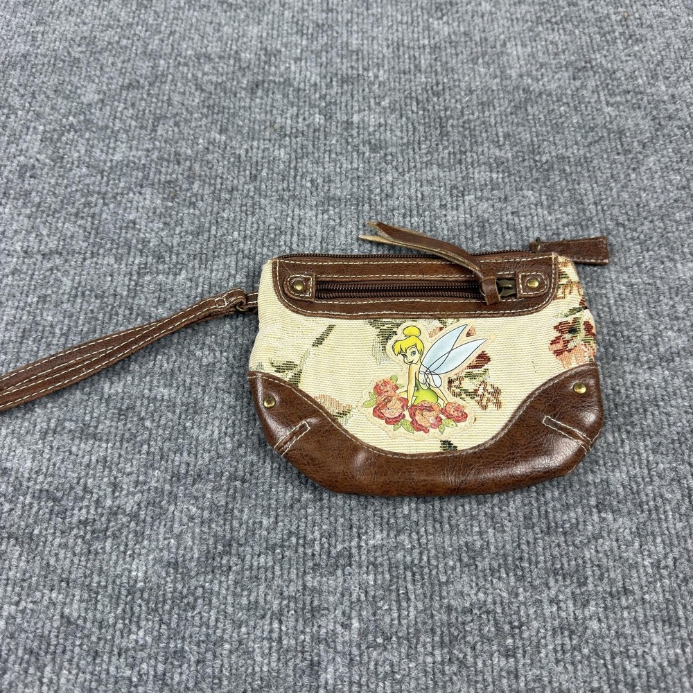 Disney Wristlet Clutch Bag Womens Mini Brown Tinker Bell Floral Canvas‎ Zip